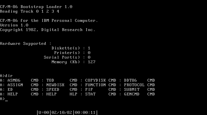 Digital Research CP/M-86 running on the IBM Personal Computer, version 1.0. Public domain, via Wikimedia Commons.