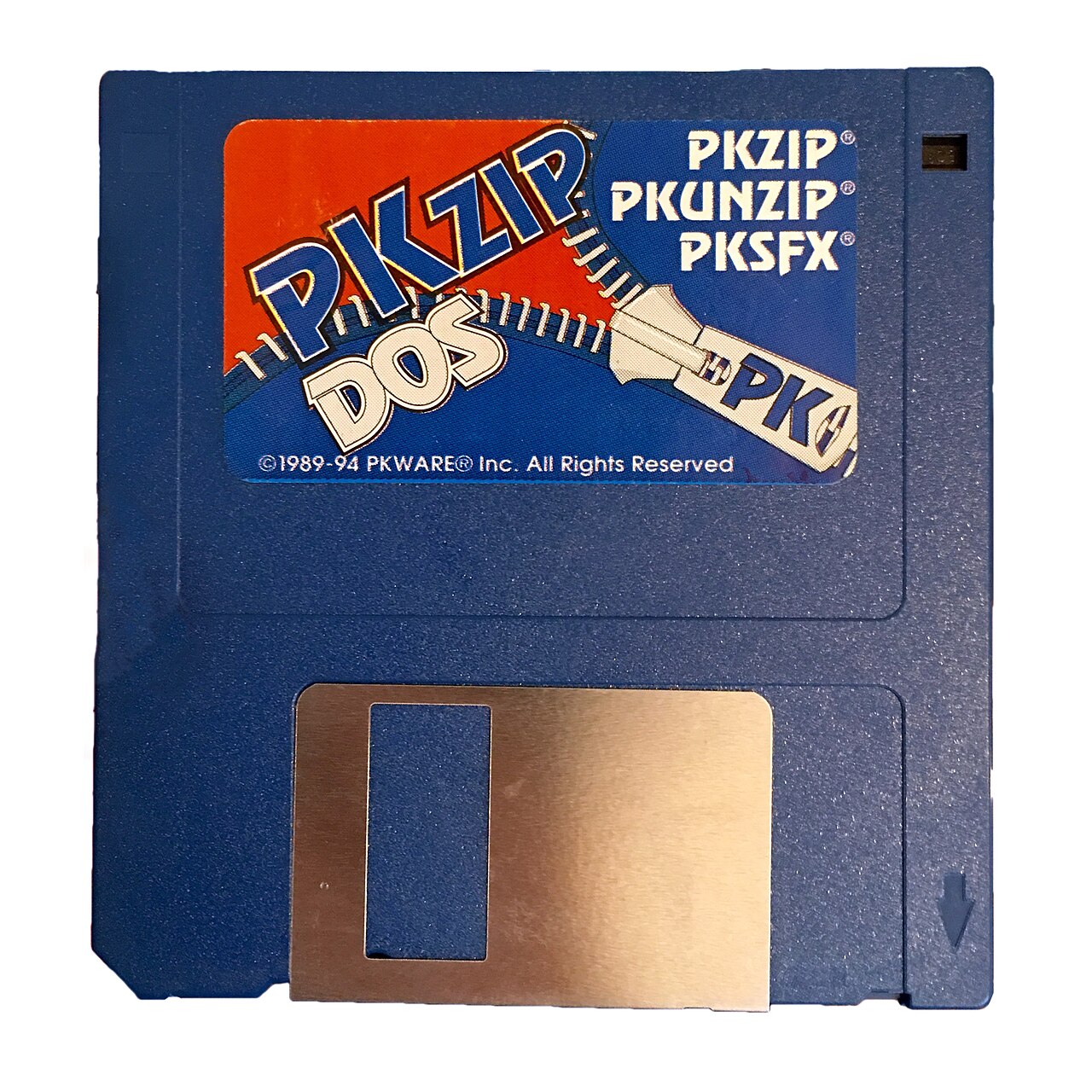 PKZIP for DOS 的软盘，标签上印着 PKZIP、PKUNZIP、PKSFX 三个程序名和 PK 商标