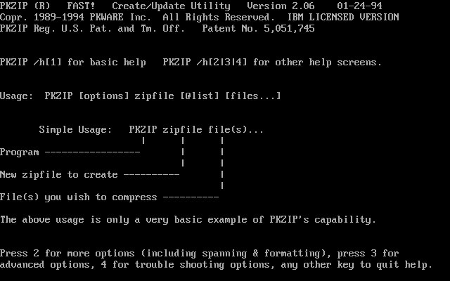 PKZIP 2.06 的 DOS 帮助屏，顶部第二行印着 PKZIP Reg. U.S. Pat. and Tm. Off. Patent No. 5,051,745